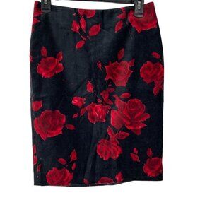 Talbots Women Black & Red Floral Pencil Velvet Skirt Size 2P